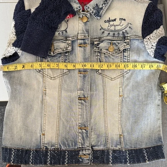 Desigual Light-Wash Denim Jacket with Navy & White Striped Knit Sleeves - Picture 10 of 10